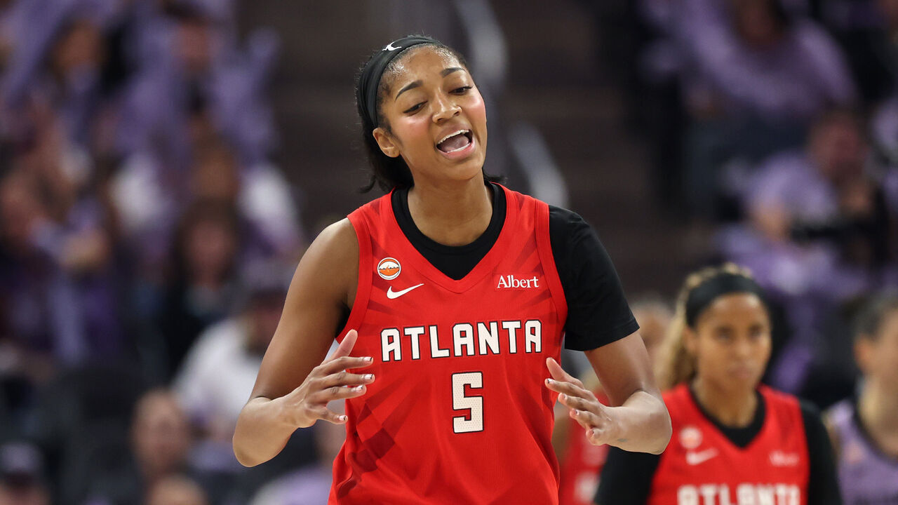 SAN FRANCISCO, CALIFORNIA - OCTOBER 19: Angel Reese #5 of the Atlanta Dream reacts during the third quarter in game two of the WNBA Finals against the Golden State Valkyries at Chase Center on October 19, 2026 in San Francisco, California.
