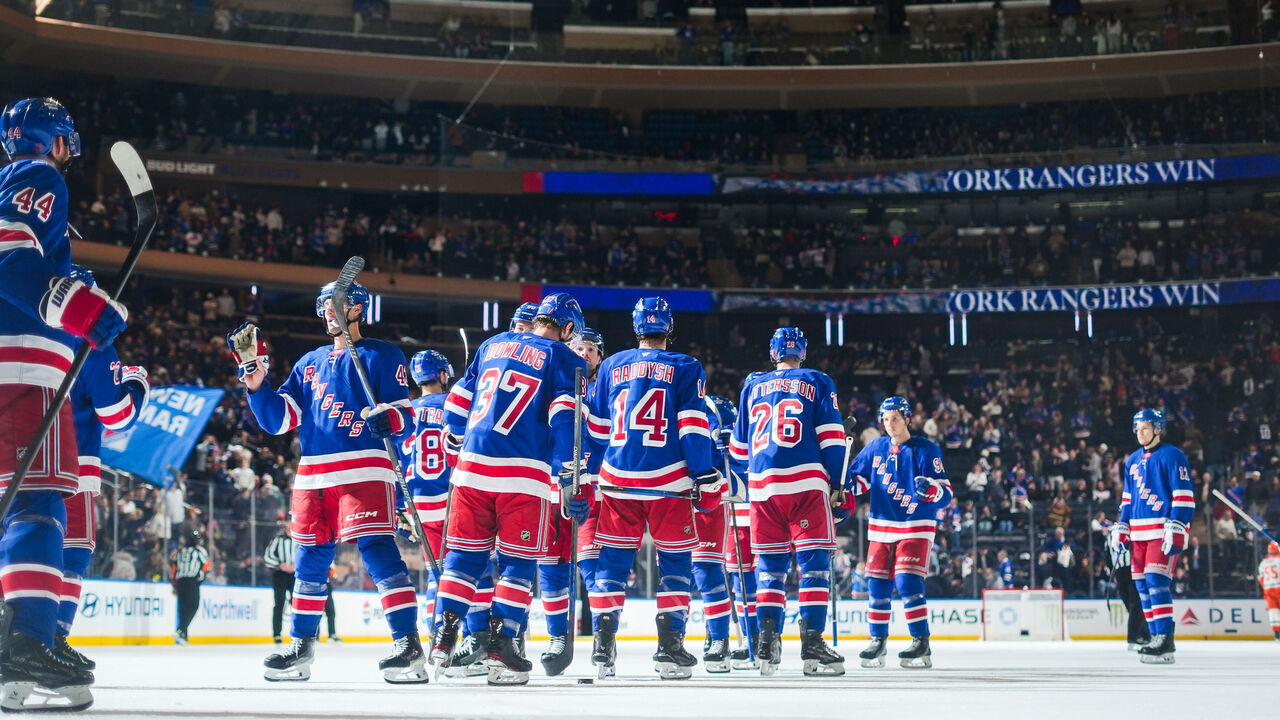 NEW YORK, NEW YORK - OCTOBER 19: The New York Rangers celebrate after the game against the Anaheim Ducks at Madison Square Garden on October 19, 2026 in New York City.