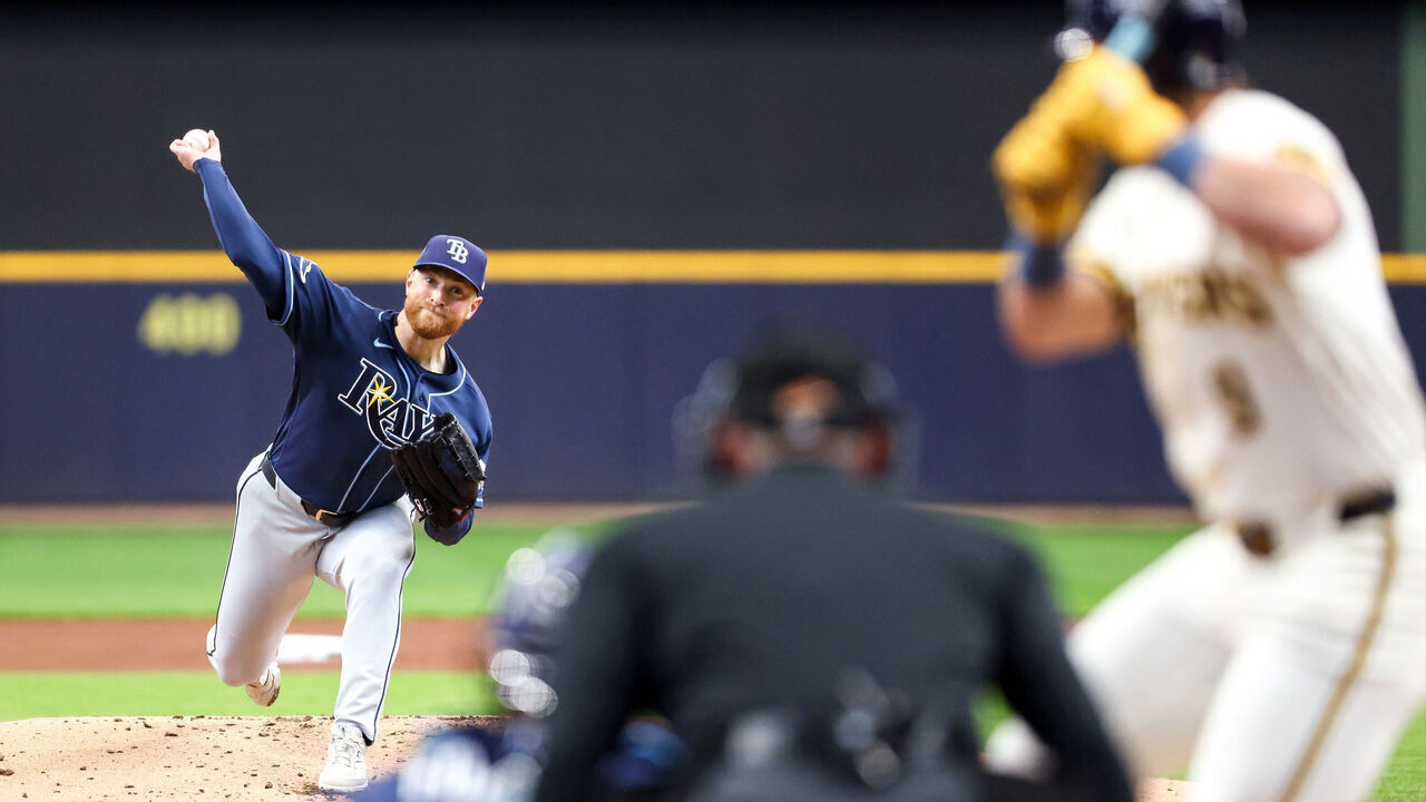 MILWAUKEE, WI - APRIL 01: Drew Rasmussen #57 of the Tampa Bay Rays pitches during the game between the Tampa Bay Rays and the Milwaukee Brewers at American Family Field on Wednesday, April 1, 2026 in Milwaukee, Wisconsin.