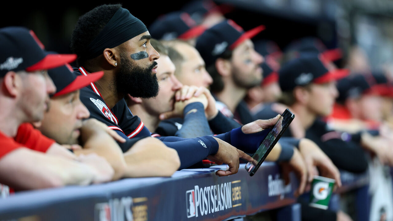 ST. PETERSBURG, FL - OCTOBER 19: Members of the Cleveland Guardians look on from the dugout during Game Six of the American League Championship Series between the Cleveland Guardians and the Tampa Bay Rays at Tropicana Field on Monday, October 19, 2026 in St. Petersburg, Florida.