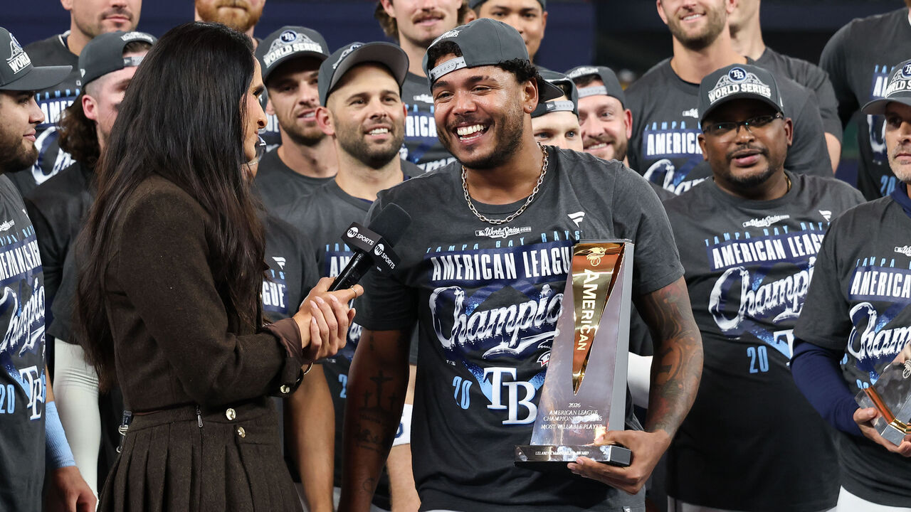 ST. PETERSBURG, FL - OCTOBER 19: Freddy Peralta #51 of the Tampa Bay Rays is named series MVP after Game Six of the American League Championship Series against the Cleveland Guardians at Tropicana Field on Monday, October 19, 2026 in St. Petersburg, Florida.