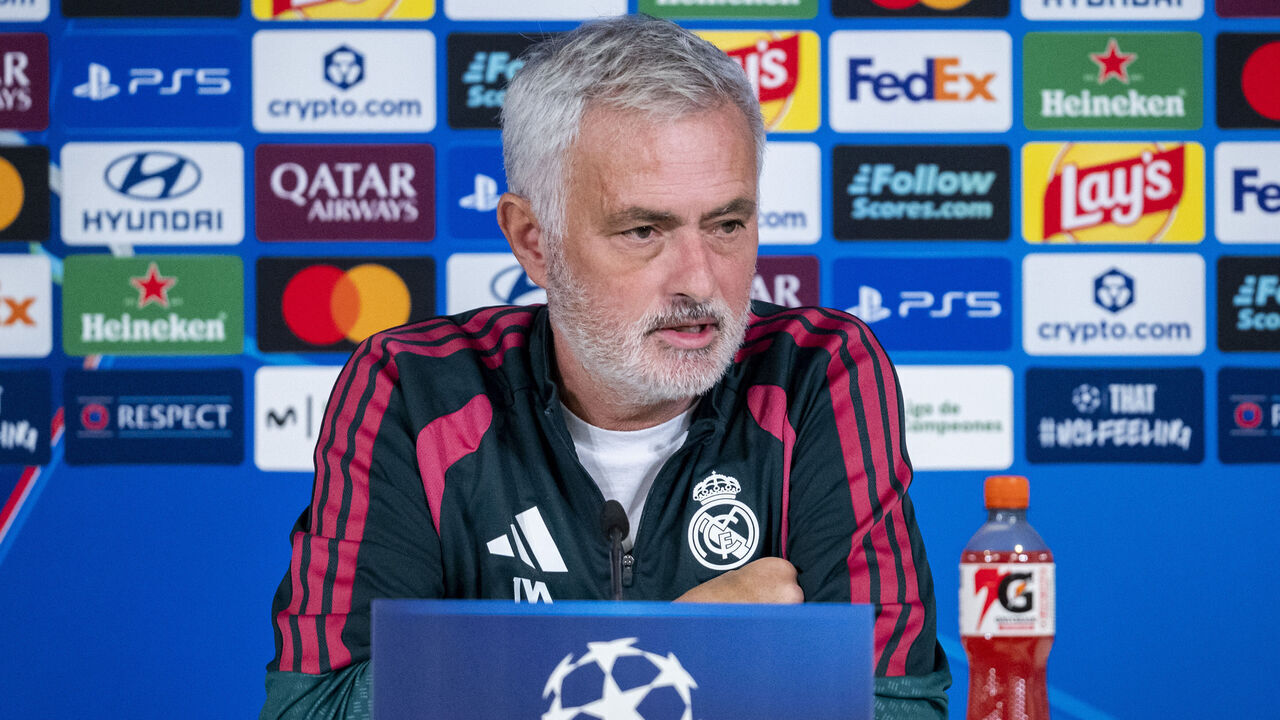 MADRID, SPAIN - OCTOBER 20: Jose Mourinho, head coach of Real Madrid CF, is seen speaking during the press conference on day ahead of the UEFA Champions League 2026/27 League Phase MD3 at Ciudad Real Madrid on October 20, 2026 in Valdebebas, Spain.