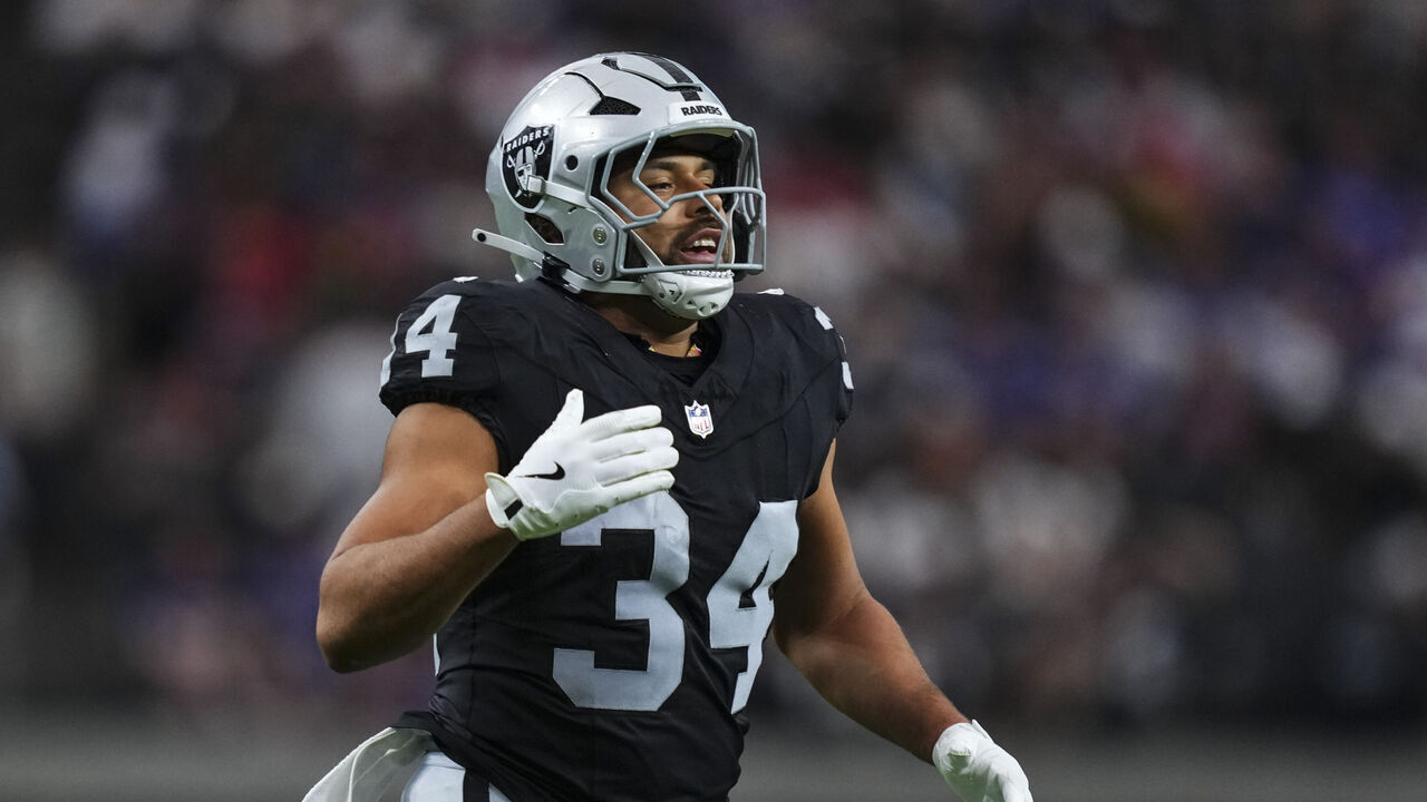LAS VEGAS, NV - OCTOBER 18: Connor Heyward #34 of the Las Vegas Raiders looks on from the field during an NFL football game against the Buffalo Bills at Allegiant Stadium on October 18, 2026 in Las Vegas, Nevada.