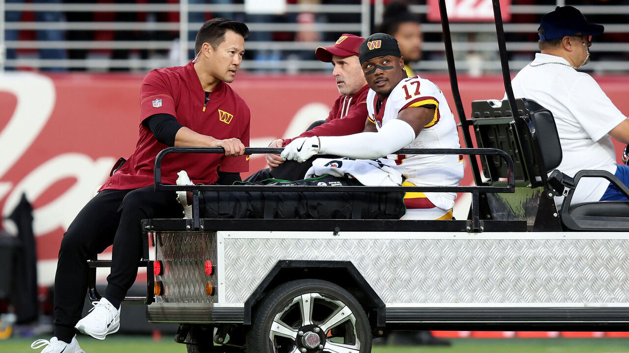 SANTA CLARA, CALIFORNIA - OCTOBER 19: Terry McLaurin #17 of the Washington Commanders is carted off the field after a play against the San Francisco 49ers during the first quarter of the game at Levi's Stadium on October 19, 2026 in Santa Clara, California.