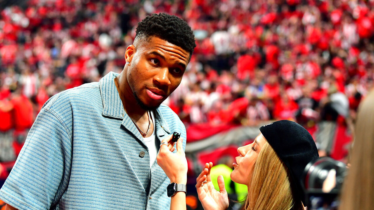 ATHENS, GREECE - MAY 24: Giannis Antetokounmpo , 2 times NBA MVP celebrates intewieved during 2026 EuroLeague Championship Game Olympiacos Piraeus vs Real Madrid at Telekom Center Athens on May 24, 2026 in Athens, Greece.