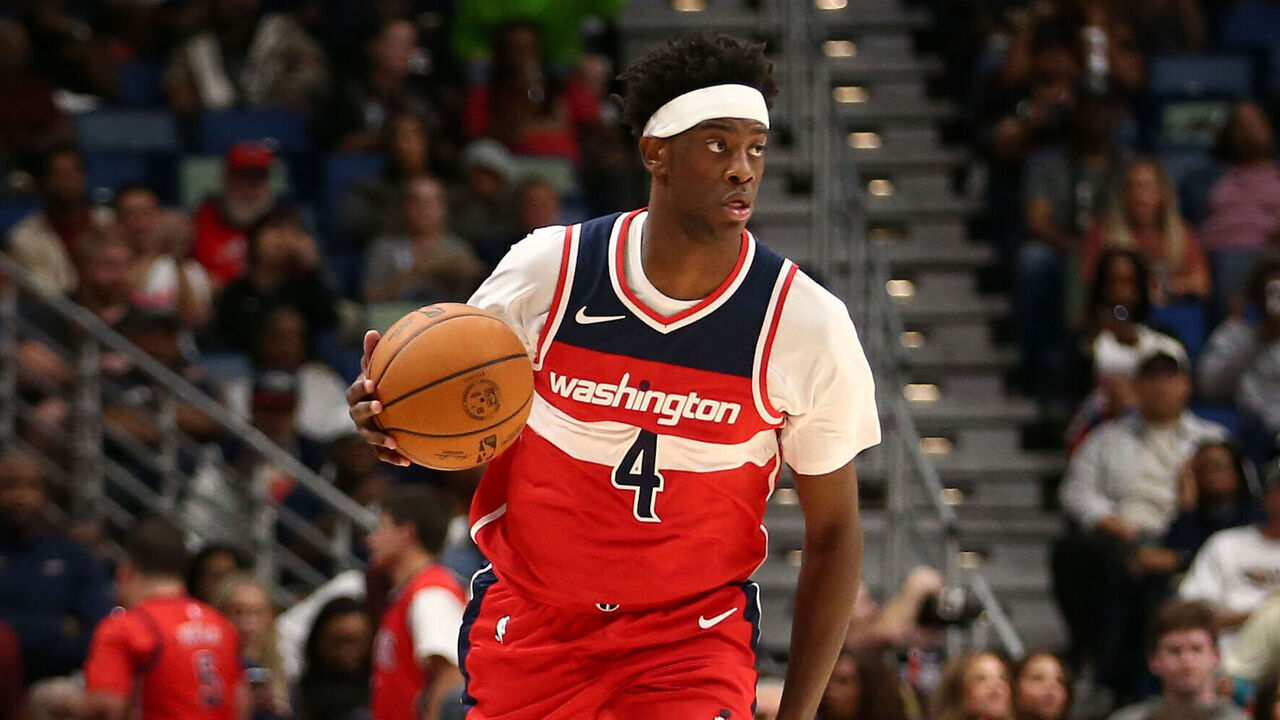 NEW ORLEANS, LA - OCTOBER 16: AJ Dybantsa #4 of the Washington Wizards dribbles the ball during the game against the New Orleans Pelicans on October 16, 2026 at the Smoothie King Center in New Orleans, Louisiana. Mandatory Copyright Notice: Copyright 2026 NBAE