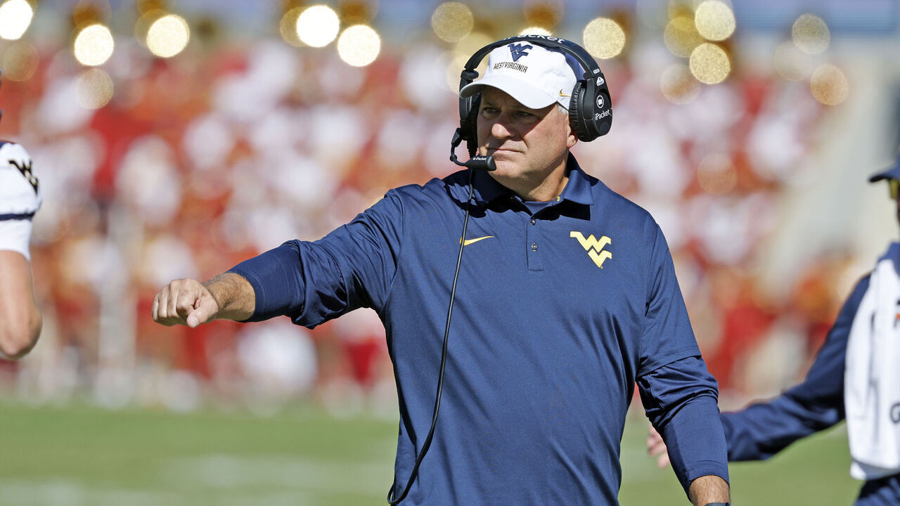 AMES, IA - OCTOBER 3: Head coach Rich Rodriguez of the West Virginia Mountaineers reacts after a touchdown in the first half of play at Jack Trice Stadium on October 3, 2026, in Ames, Iowa. The Iowa State Cyclones won 45-42 over the West Virginia Mountaineers.
