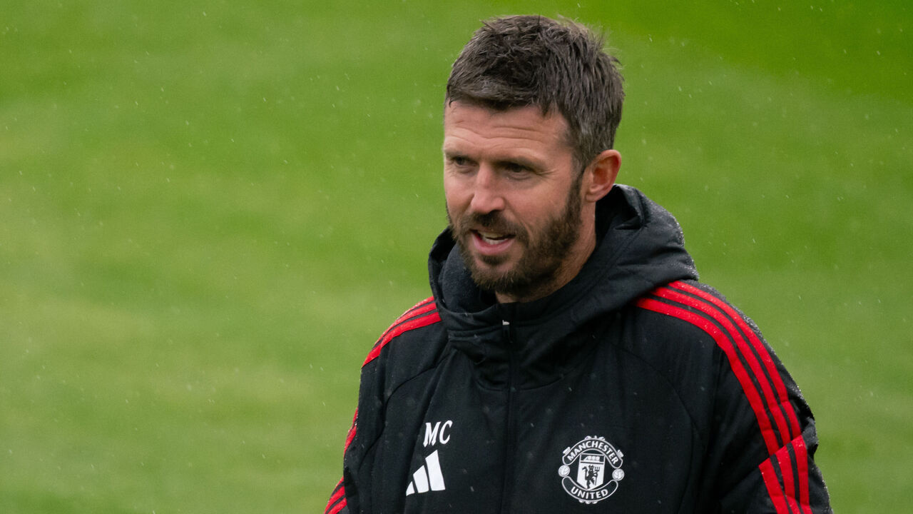 MANCHESTER, ENGLAND - OCTOBER 20: Head Coach Michael Carrick of Manchester United in action during the training session/press conference on day ahead of the UEFA Champions League 2026/27 League Phase MD3 at Carrington Training Ground on October 20, 2026 in Manchester, England.