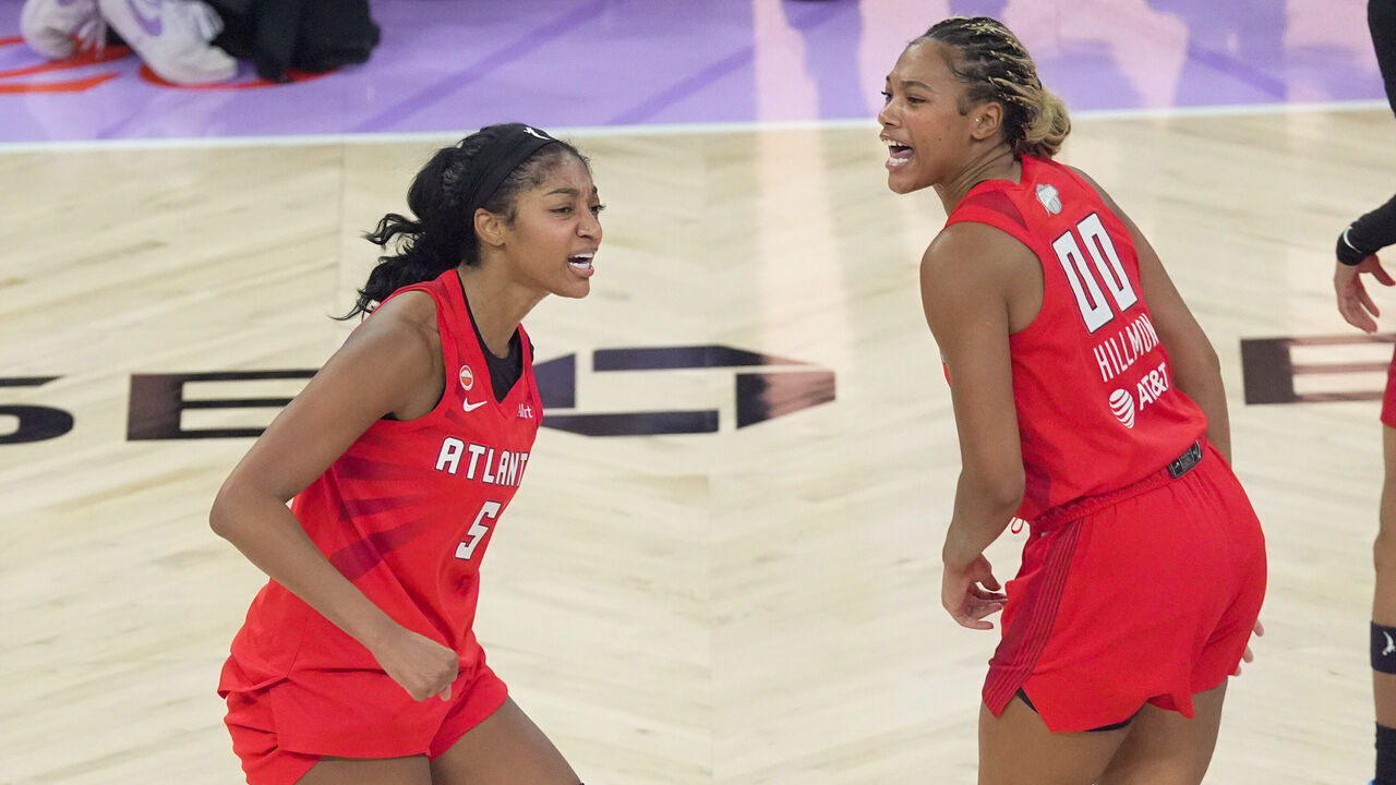 SAN FRANCISCO, CA - OCTOBER 19: Angel Reese #5 and Naz Hillmon #00 of the Atlanta Dream celebrates during the game against the Golden State Valkyries during Game Two of the 2026 WNBA Finals on October 19, 2026 at Chase Center in San Francisco, California. NOTE TO USER: User expressly acknowledges and agrees that, by downloading and or using this photograph, user is consenting to the terms and conditions of Getty Images License Agreement. Mandatory Copyright Notice: Copyright 2026 NBAE