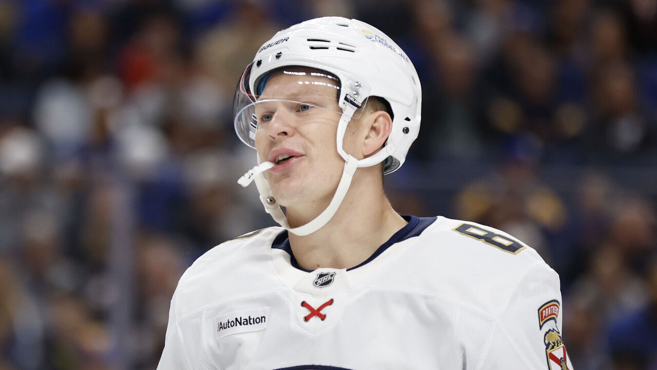BUFFALO, NEW YORK - OCTOBER 12: Brady Tkachuk #8 of the Florida Panthers looks on during the first period against the Buffalo Sabres at KeyBank Center on October 12, 2026 in Buffalo, New York.