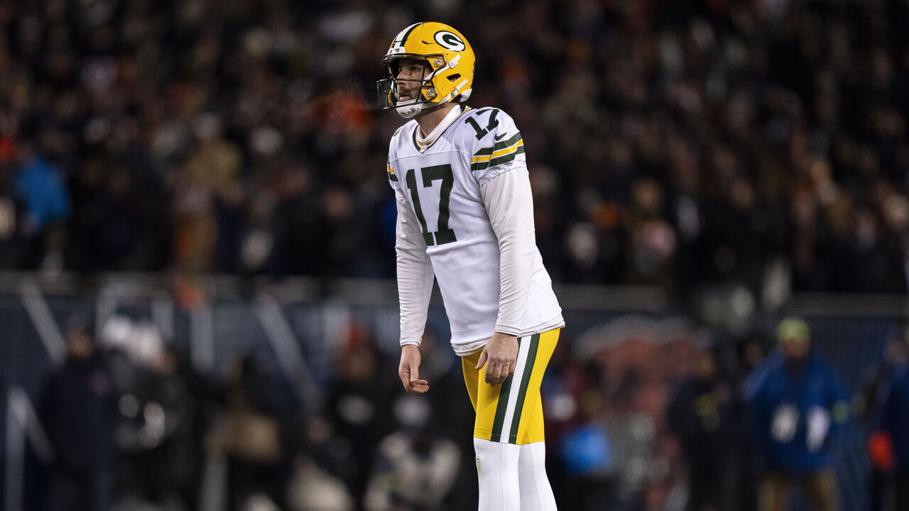 CHICAGO, ILLINOIS - JANUARY 10: Brandon McManus #17 of the Green Bay Packers looks on to kick a field goal during an NFL wild card playoff game against the Chicago Bears at Soldier Field on January 10, 2026 in Chicago, Illinois.