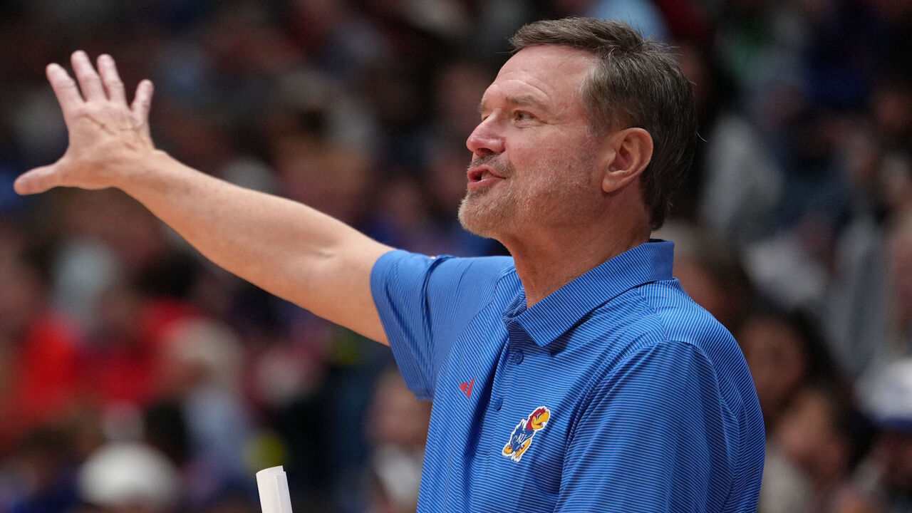 LAWRENCE, KANSAS - OCTOBER 16: Head coach Bill Self of the Kansas Jayhawks directs his team against the Pittsburg State Gorillas in the second half of an exhibition game at Allen Fieldhouse on October 16, 2026 in Lawrence, Kansas.