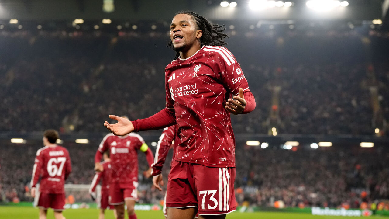 Liverpool's Rio Ngumoha celebrates after teammate Liverpool's Alexis Mac Allister (not pictured) scored their third goal during the UEFA Champions League match at Anfield, Liverpool. Picture date: Tuesday October 20, 2026.