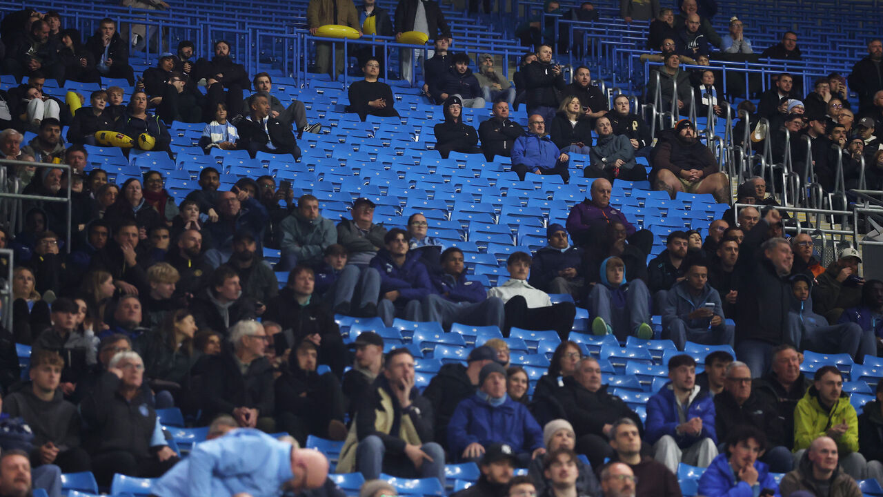 MANCHESTER, ENGLAND - OCTOBER 20: Manchester City fans during the UEFA Champions League 2026/27 League Phase MD3 match between Manchester City and AEK Athens at City of Manchester Stadium on October 20, 2026 in Manchester, England.