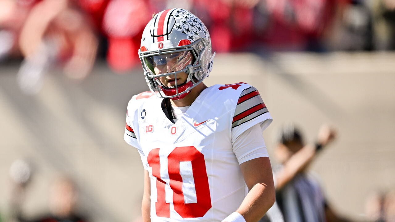 BLOOMINGTON, IN - OCTOBER 17: Ohio State Buckeyes QB Julian Sayin (10) during a college football game between the Ohio State Buckeyes and Indiana Hoosiers on October 17, 2026 at Memorial Stadium in Bloomington, IN.
