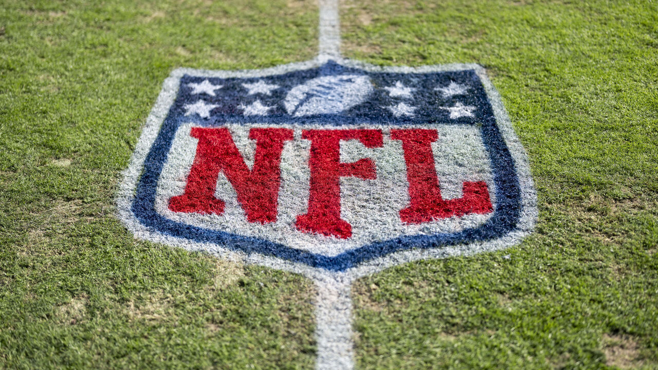 PHILADELPHIA, PENNSYLVANIA - OCTOBER 18: A detailed view of an NFL shield logo on the field prior to an NFL football game between the Carolina Panthers and Philadelphia Eagles at Lincoln Financial Field on October 18, 2026 in Philadelphia, Pennsylvania.