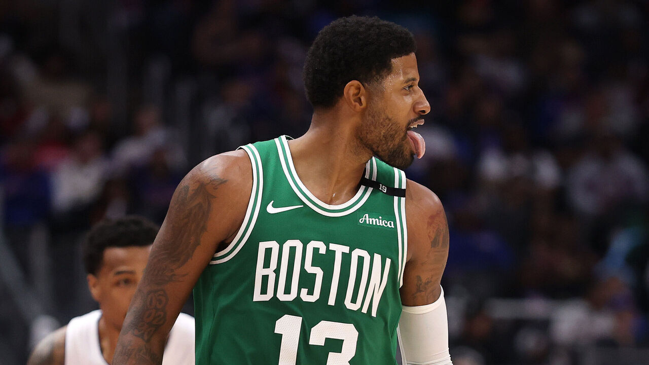 DETROIT, MICHIGAN - OCTOBER 20: Paul George #13 of the Boston Celtics reacts after a second half three point basket against the Detroit Pistons at Little Caesars Arena on October 20, 2026 in Detroit, Michigan.