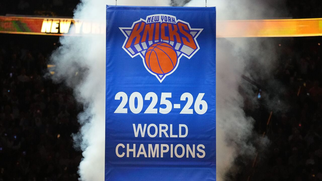 NEW YORK, NY - OCTOBER 20: Photo of the New York Knicks 2025-26 Championship banner raised before the game against the Philadelphia 76ers on October 20, 2026 at Madison Square Garden in New York City, New York. Mandatory Copyright Notice: Copyright 2026 NBAE