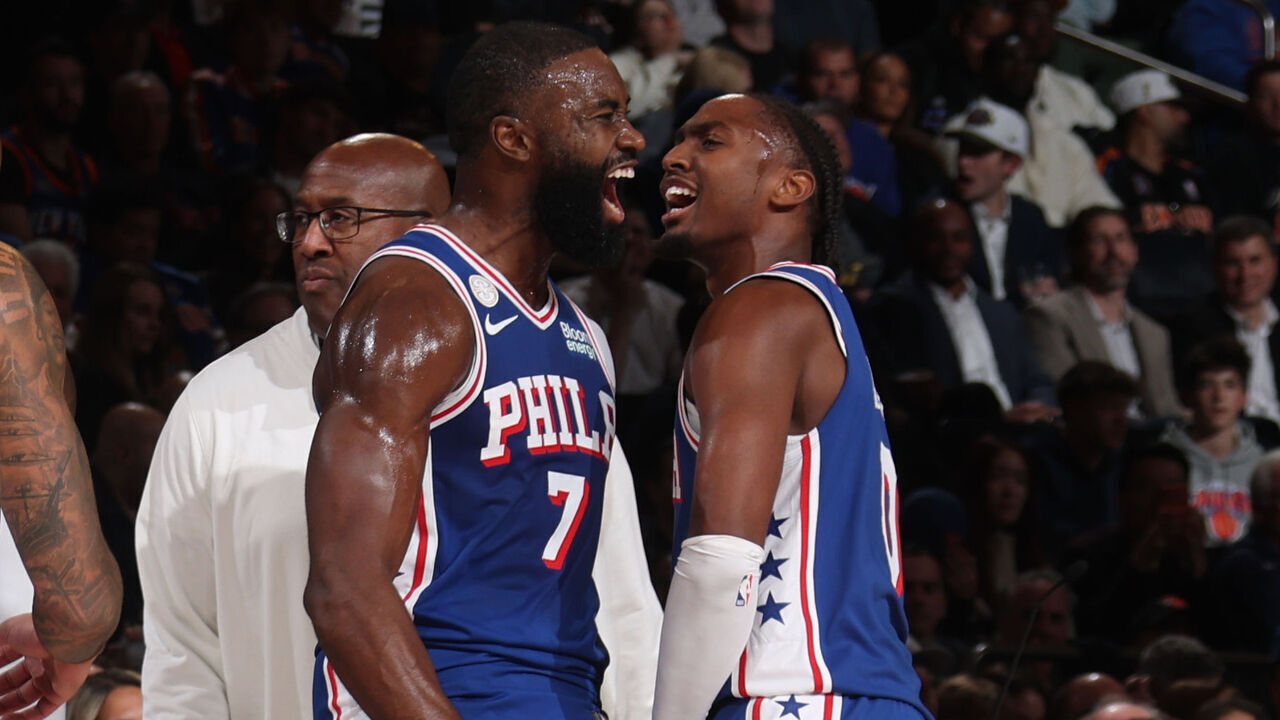 NEW YORK, NY - OCTOBER 20: Jaylen Brown #7 and Tyrese Maxey #0 of the Philadelphia 76ers celebrates during the game against the New York Knicks on October 20, 2026 at Madison Square Garden in New York City, New York. Mandatory Copyright Notice: Copyright 2026 NBAE