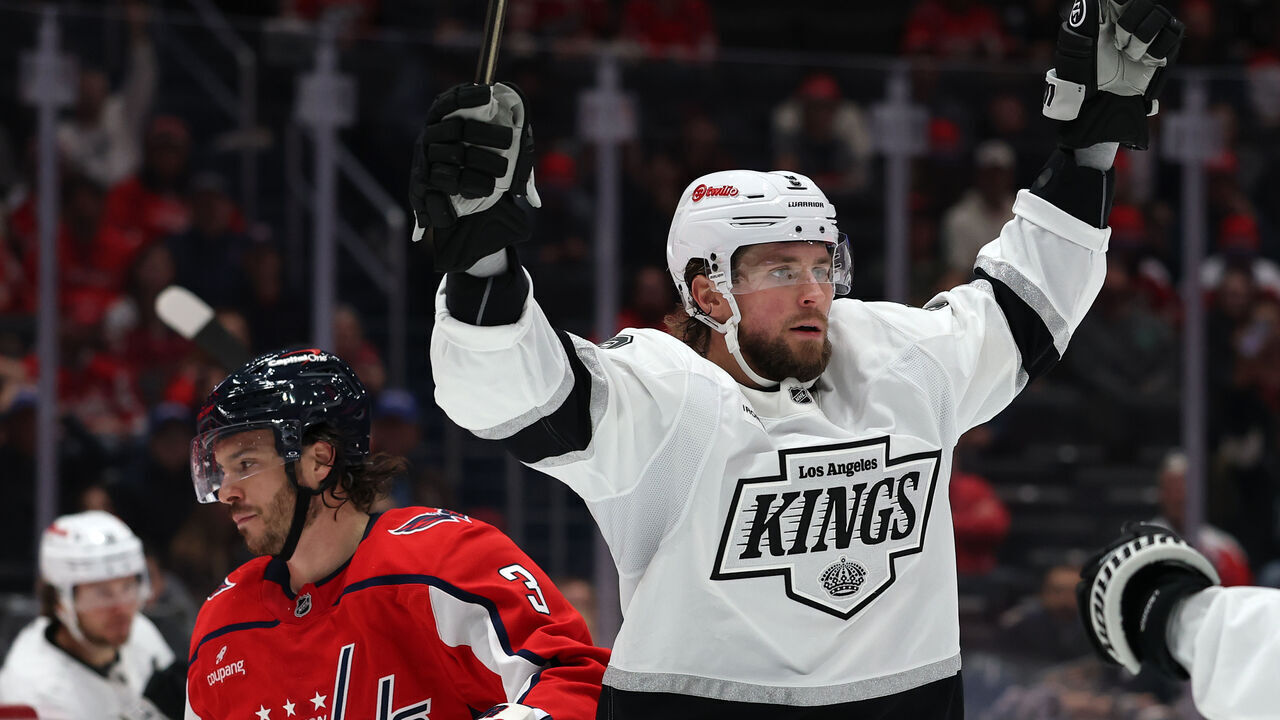 WASHINGTON, DC - OCTOBER 20: Adrian Kempe #9 of the Los Angeles Kings celebrates after scoring a goal against the Washington Capitals during the third period at Capital One Arena on October 20, 2026 in Washington, DC.