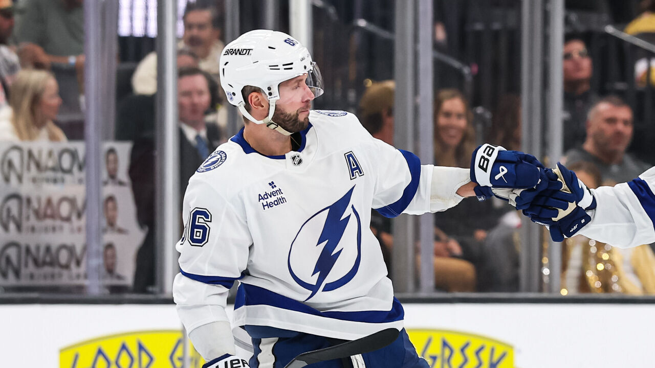 LAS VEGAS, NEVADA - OCTOBER 20: Nikita Kucherov #86 of the Tampa Bay Lightning scores a goal, tying the Tampa Bay Lightning franchise points record, during the third period of the game against the Vegas Golden Knights at T-Mobile Arena on October 20, 2026 in Las Vegas, Nevada.