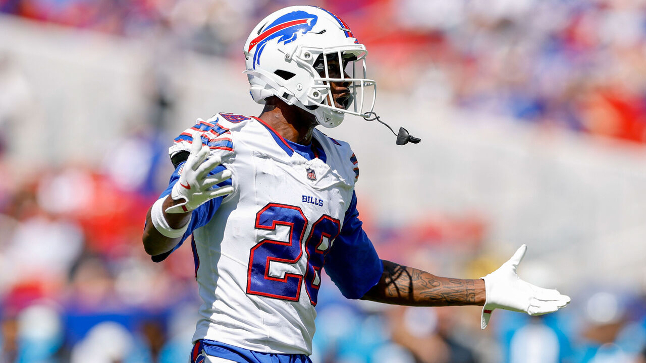 ORCHARD PARK, NEW YORK - AUGUST 15: Sam Franklin Jr. #28 of the Buffalo Bills reacts during the third quarter of a preseason game against the Carolina Panthers at Highmark Stadium on August 15, 2026 in Orchard Park, New York.