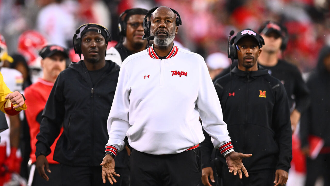 COLUMBUS, OHIO - OCTOBER 10: Head Coach Mike Locksley and the Maryland Terrapins coaching staff react to a replay during the second quarter of a game against the Ohio State Buckeyes at Ohio Stadium on October 10, 2026 in Columbus, Ohio.