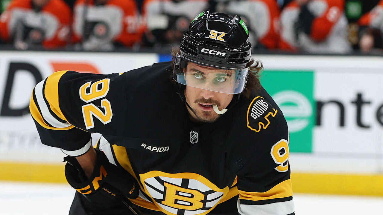 BOSTON, MA - OCTOBER 10: Marat Khusnutdinov #92 of the Boston Bruins during the NHL game between Philadelphia Flyers and Boston Bruins on October 10, 2026, at TD Garden in Boston, MA.