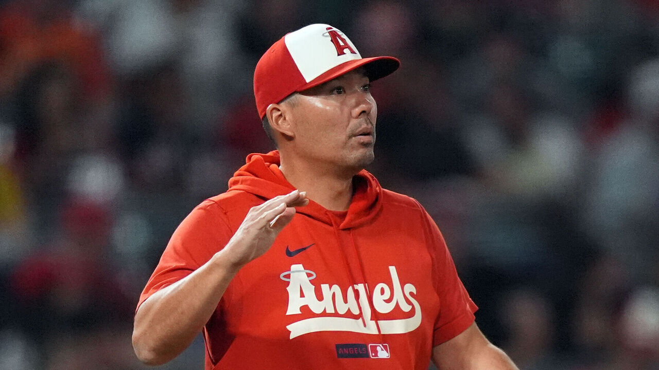 ANAHEIM, CALIFORNIA - AUGUST 24: Manager Kurt Suzuki #8 of the Los Angeles Angels during a game against the Cleveland Guardians at Angel Stadium of Anaheim on August 24, 2026 in Anaheim, California.