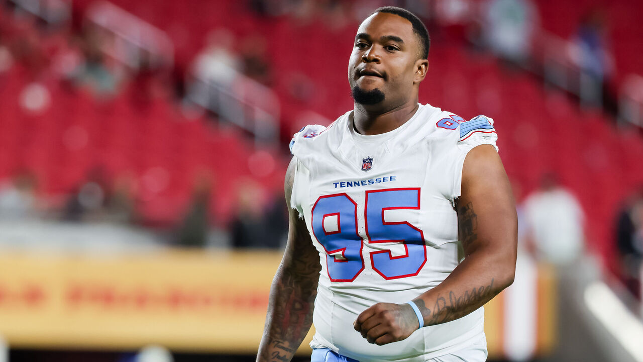 SANTA CLARA, CA - AUGUST 13: Jordan Elliott #95 of the Tennessee Titans walks to the locker room after a preseason NFL game on August 13, 2026 at Levi's Stadium in Santa Clara, CA.