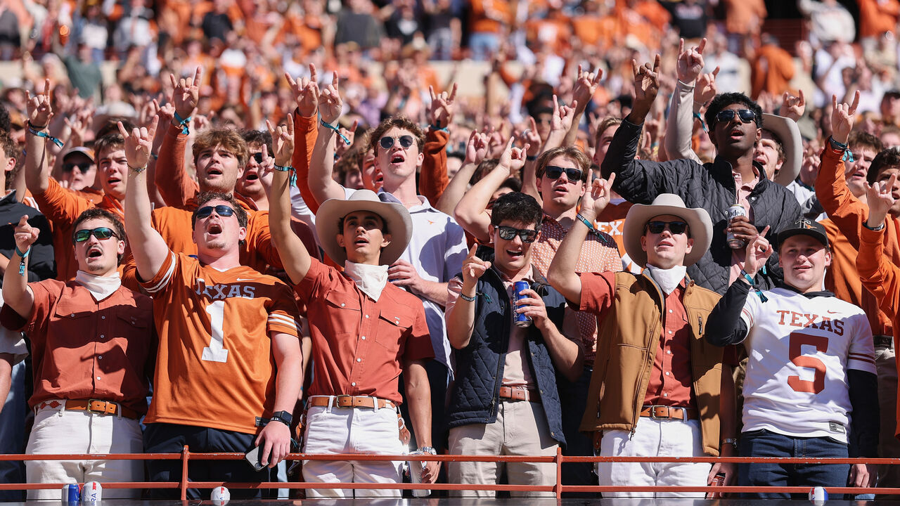 AUSTIN, TEXAS - OCTOBER 17: Texas Longhorns fans cheer during the game against the Florida Gators at Darrell K Royal-Texas Memorial Stadium on October 17, 2026 in Austin, Texas.