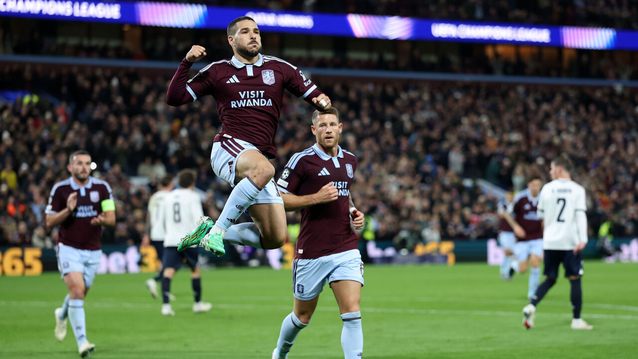 BIRMINGHAM, ENGLAND - OCTOBER 21: Emi Buendia of Aston Villa celebrates scoring his team’s second goal during the UEFA Champions League 2026/27 League Phase MD3 match between Aston Villa FC and Viking FK at Villa Park on October 21, 2026 in Birmingham, England.