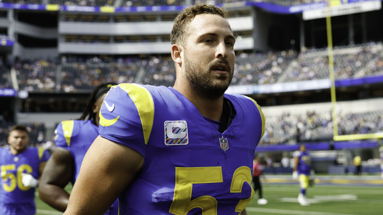 INGLEWOOD, CALIFORNIA - OCTOBER 18: Nate Landman #53 of the Los Angeles Rams looks on during the game against the Arizona Cardinals at SoFi Stadium on October 18, 2026 in Inglewood, California. The Arizona Cardinals won 18-16.