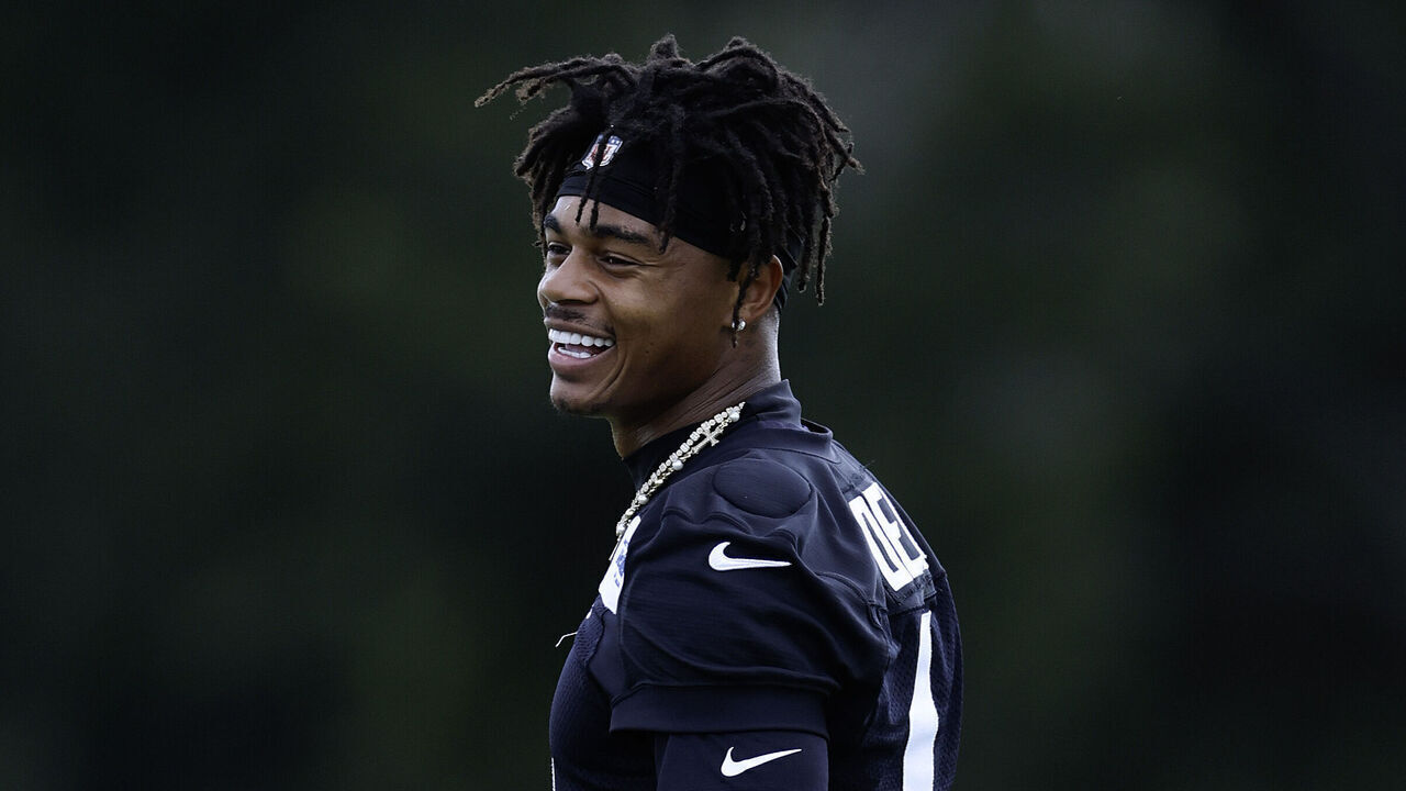 HOUSTON, TEXAS - JUNE 10: Tank Dell #1 of the Houston Texans looks on during Houston Texans mandatory minicamp at Houston Methodist Training Center on June 10, 2026 in Houston, Texas.