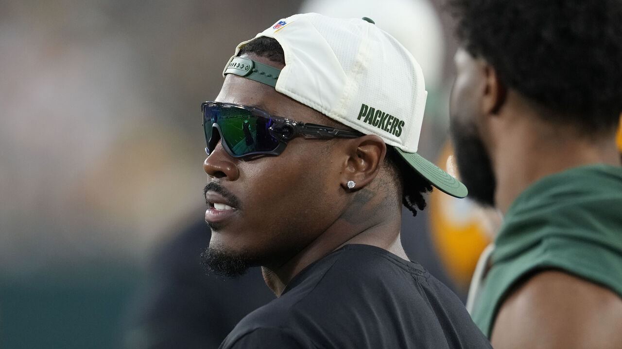 GREEN BAY, WISCONSIN - AUGUST 28: Josh Jacobs #8 of the Green Bay Packers looks on against the Arizona Cardinals in the first quarter during a preseason game at Lambeau Field on August 28, 2026 in Green Bay, Wisconsin.