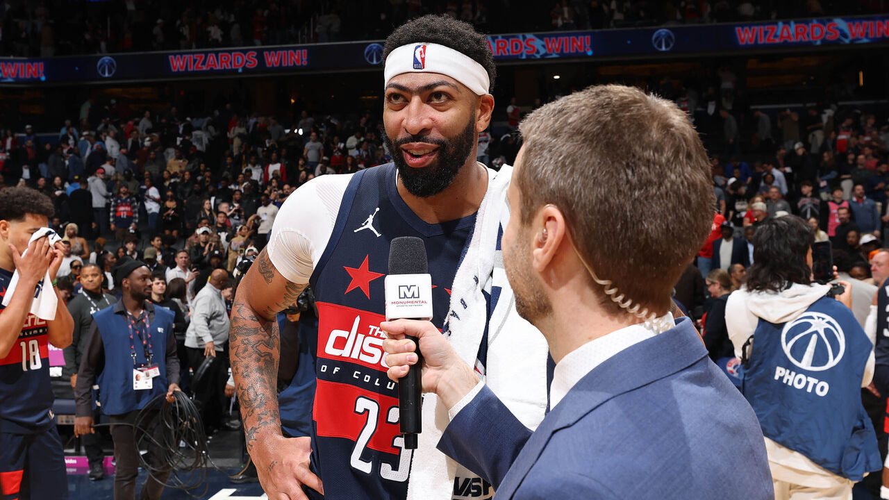 WASHINGTON, DC - OCTOBER 21: Anthony Davis #23 of the Washington Wizards talks to the media after the game against the Milwaukee Bucks on October 21, 2026 at Capital One Arena in Washington, DC. Mandatory Copyright Notice: Copyright 2026 NBAE
