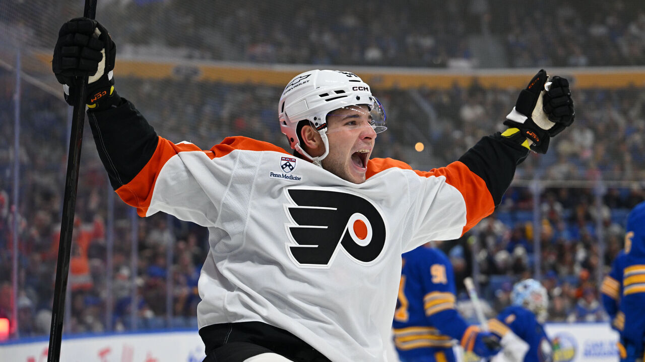 BUFFALO, NEW YORK - OCTOBER 21: Cole Knuble #54 of the Philadelphia Flyers celebrates his second goal scored during the third-period of an NHL game against the Buffalo Sabres at KeyBank Center on October 21, 2026 in Buffalo, New York.