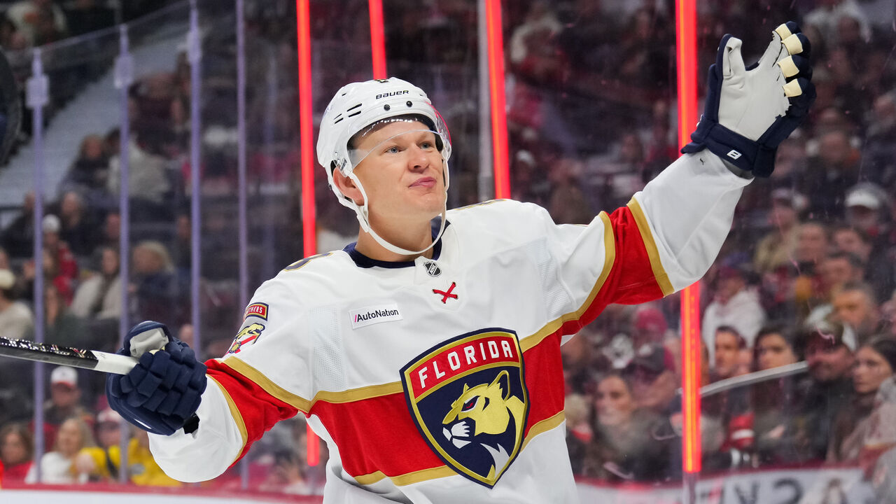 OTTAWA, Canada - OCTOBER 21: Brady Tkachuk #8 of the Florida Panthers celebrates his first period goal against the Ottawa Senators at Canadian Tire Centre on October 21, 2026 in Ottawa, Ontario, Canada.