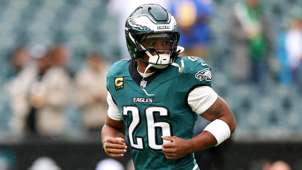 PHILADELPHIA, PENNSYLVANIA - OCTOBER 04: Saquon Barkley #26 of the Philadelphia Eagles looks on before a game against the Los Angeles Rams at Lincoln Financial Field on October 04, 2026 in Philadelphia, Pennsylvania.