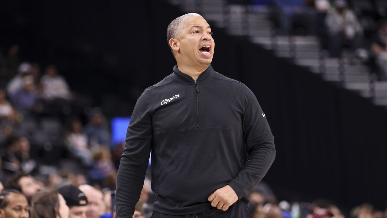 INGLEWOOD, CALIFORNIA - OCTOBER 14: Head coach Tyronn Lue of the Los Angeles Clippers reacts during the first quarter of a preseason game against the Denver Nuggets at Intuit Dome on October 14, 2026 in Inglewood, California.