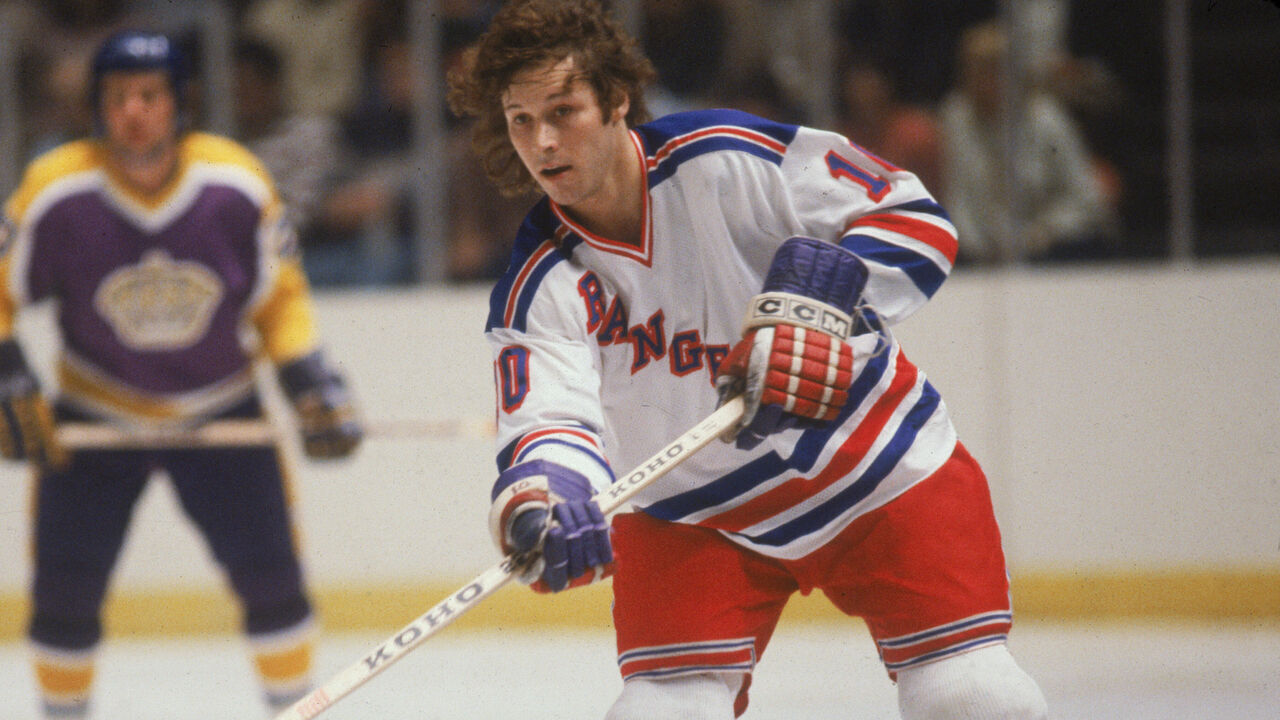 Canadian hockey player Ron Duguay of the New York Rangers on the ice during a game against the Los Angeles Kings, April 1981.