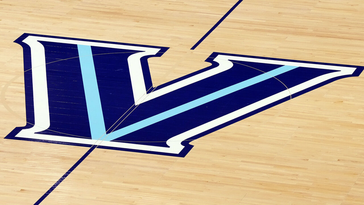 VILLANOVA, PA - NOVEMBER 06: The Villanova Wildcats logo on the floor before a college basketball game against the American University Eagles at Finnegan Fieldhouse Pavilion on November 6, 2023 in Villanova, Pennsylvania.