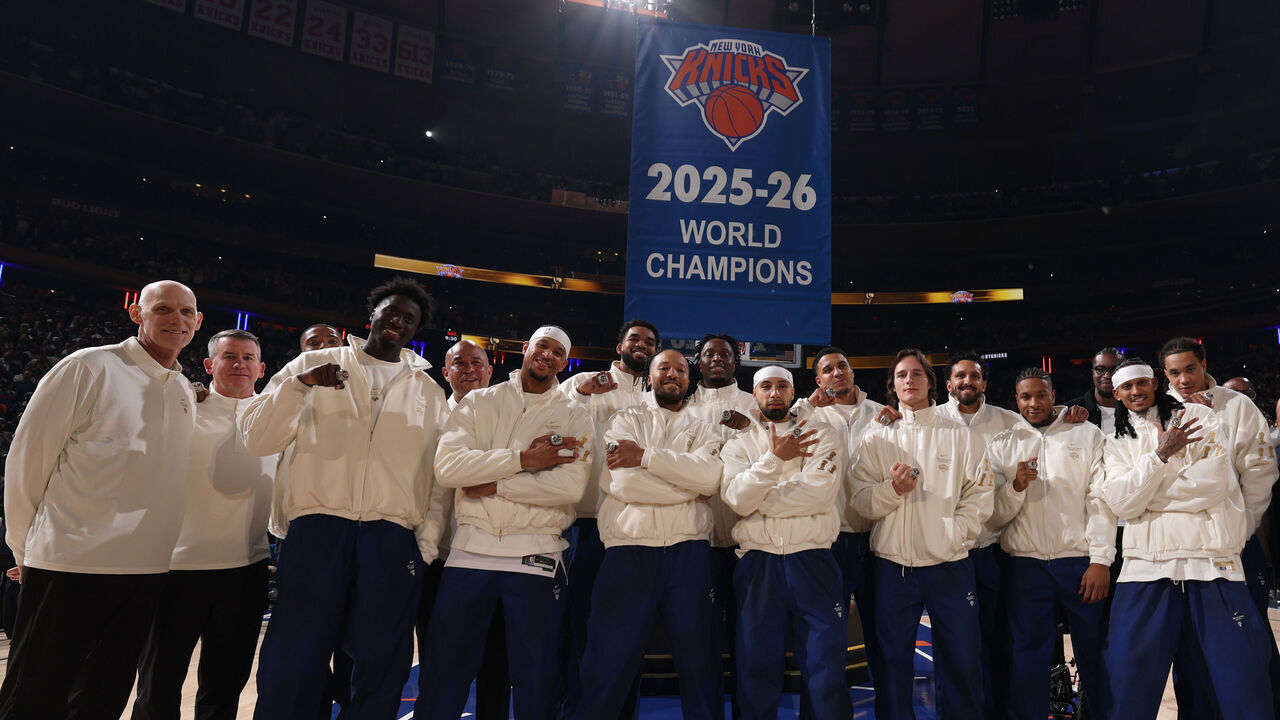 NEW YORK, NY - OCTOBER 20: The New York Knicks celebrate raising their 2025-26 NBA Championship Banner before the game against the Philadelphia 76ers on October 20, 2026 at Madison Square Garden in New York City, New York. Mandatory Copyright Notice: Copyright 2026 NBAE