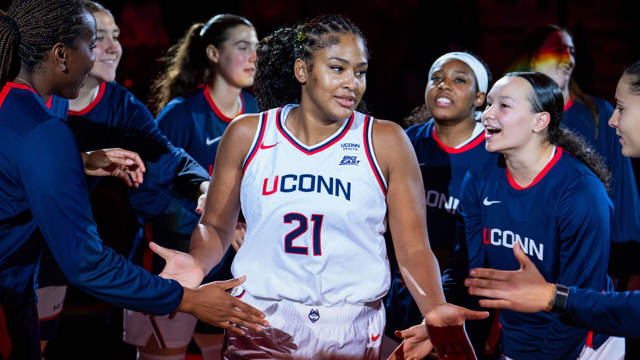 UNCASVILLE, CONNECTICUT - OCTOBER 12: Sarah Strong #21 of the Connecticut Huskies is introduced before an NCAA women's exhibition basketball game against the Syracuse Orange at Mohegan Sun Arena on October 12, 2026 in Uncasville, Connecticut.