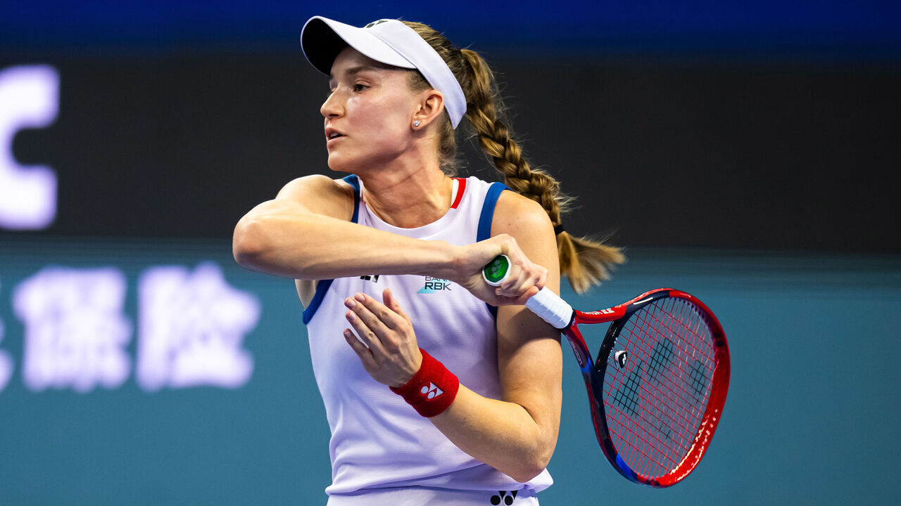 BEIJING, CHINA - OCTOBER 03: Elena Rybakina of Kazakhstan in action against Alina Charaeva of Armenia in the second round on Day 4 of the China Open at National Tennis Center on October 03, 2026 in Beijing, China