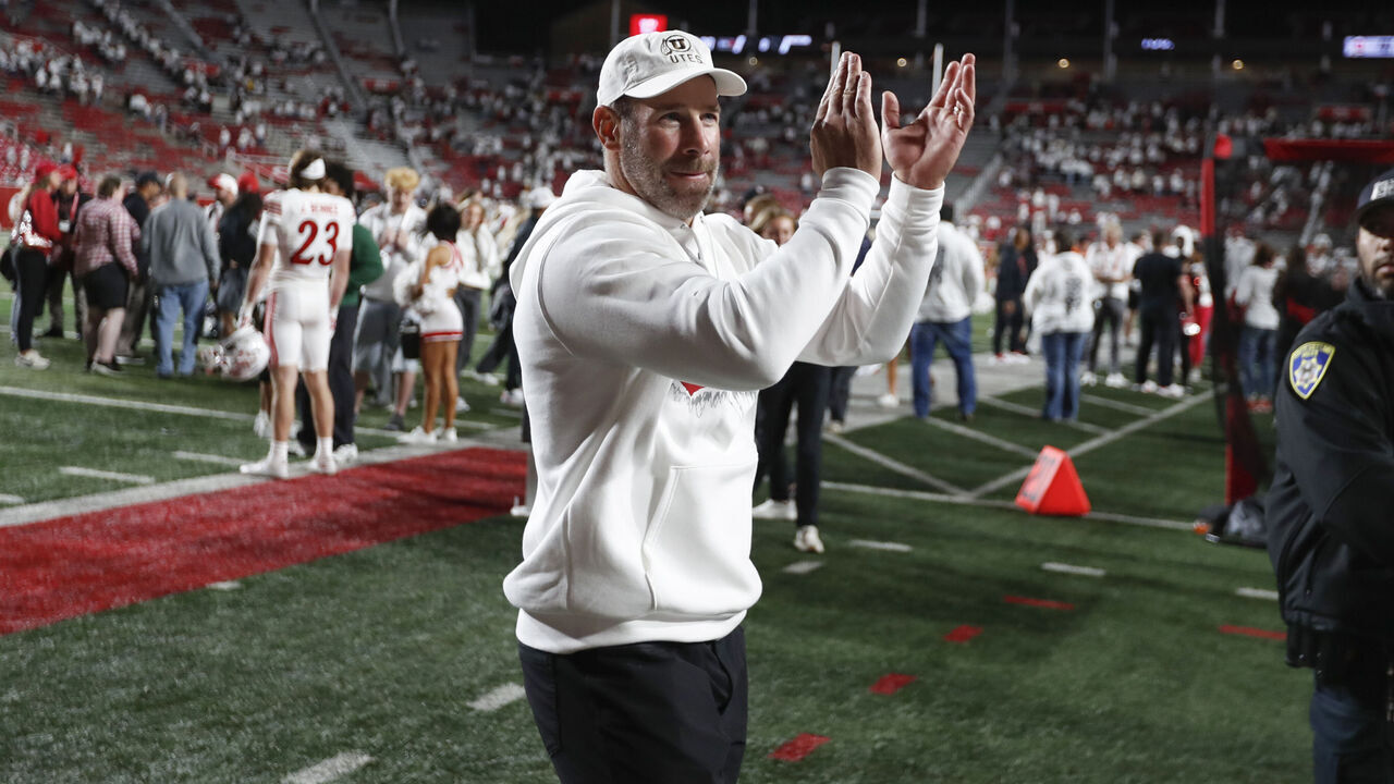 SALT LAKE CITY, UT - OCTOBER 10: Head Coach Morgan Scalley of the Utah Utes claps to the fans after their game against the Kansas Jayhawks at Rice-Eccles Stadium on October 10, 2026 in Salt Lake City, Utah.