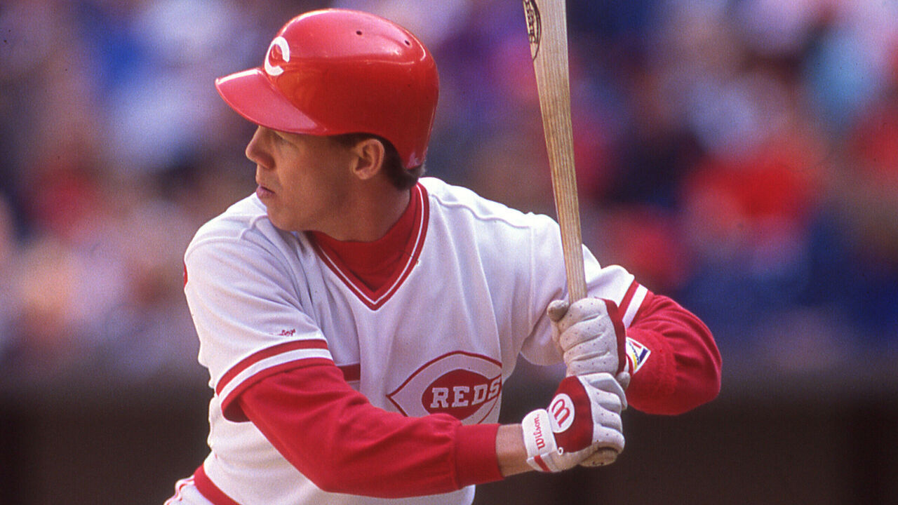 CINCINNATI, OH: Todd Benzinger of the Cincinnati Reds circa 1988 bats against the Philadelphia Phillies at Riverfront Stadium in Cincinnati, Ohio.