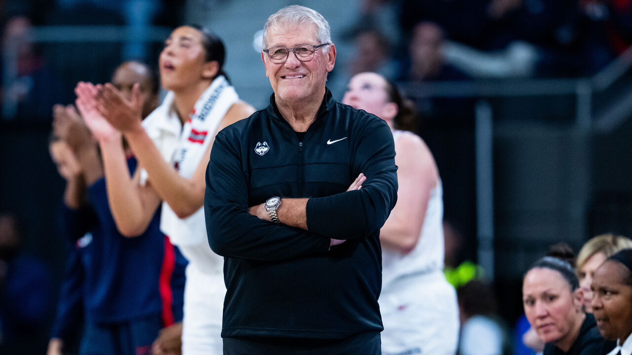HARTFORD, CONNECTICUT - OCTOBER 19: Connecticut Huskies head coach Geno Auriemma reacts during the first half of an NCAA women's exhibition basketball game against the Texas Longhorns at PeoplesBank Arena on October 19, 2026 in Hartford, Connecticut.