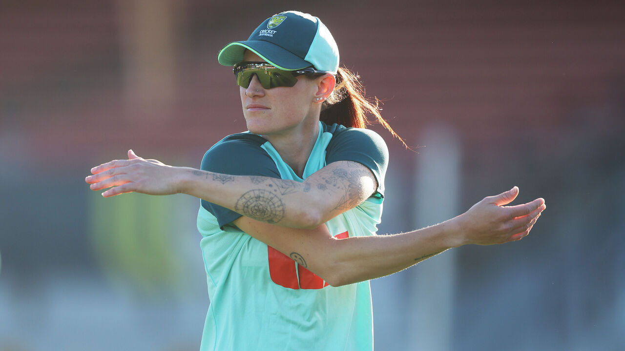 SYDNEY, AUSTRALIA - OCTOBER 20: Megan Schutt of Australia warms up during game two in the Women's T20 International series between Australia and New Zealand at North Sydney Oval on October 20, 2026 in Sydney, Australia.