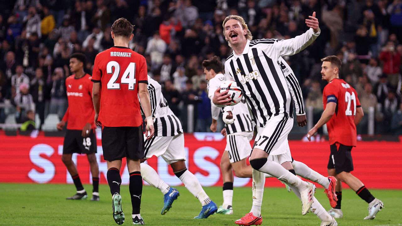Turin, Italy - October 22: Nick Woltemade of Juventus Fc celebrates after scoring his team's second goal during the UEFA Europa League 2026/27 League Phase match between Juventus and Stade Rennais FC at Juventus Stadium on October 22, 2026 in Turin, Italy.
